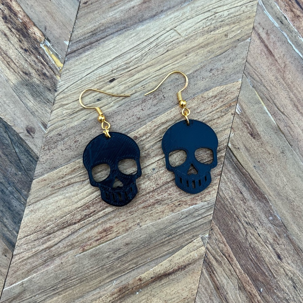 Black Skulls Halloween Gold Hook Dangly Earrings New Handmade
